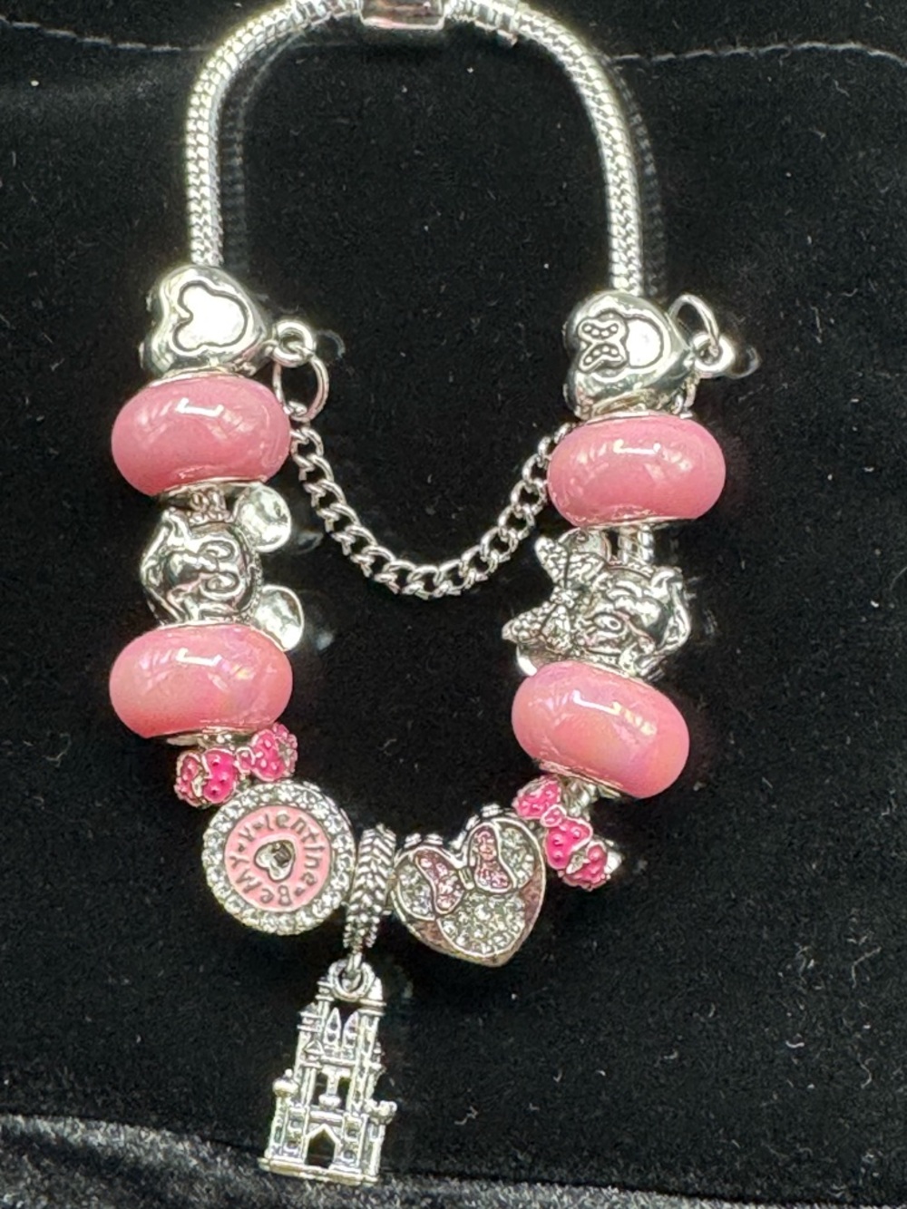 Pink Murano-Style Disney Charm Bracelet with Silver Accents